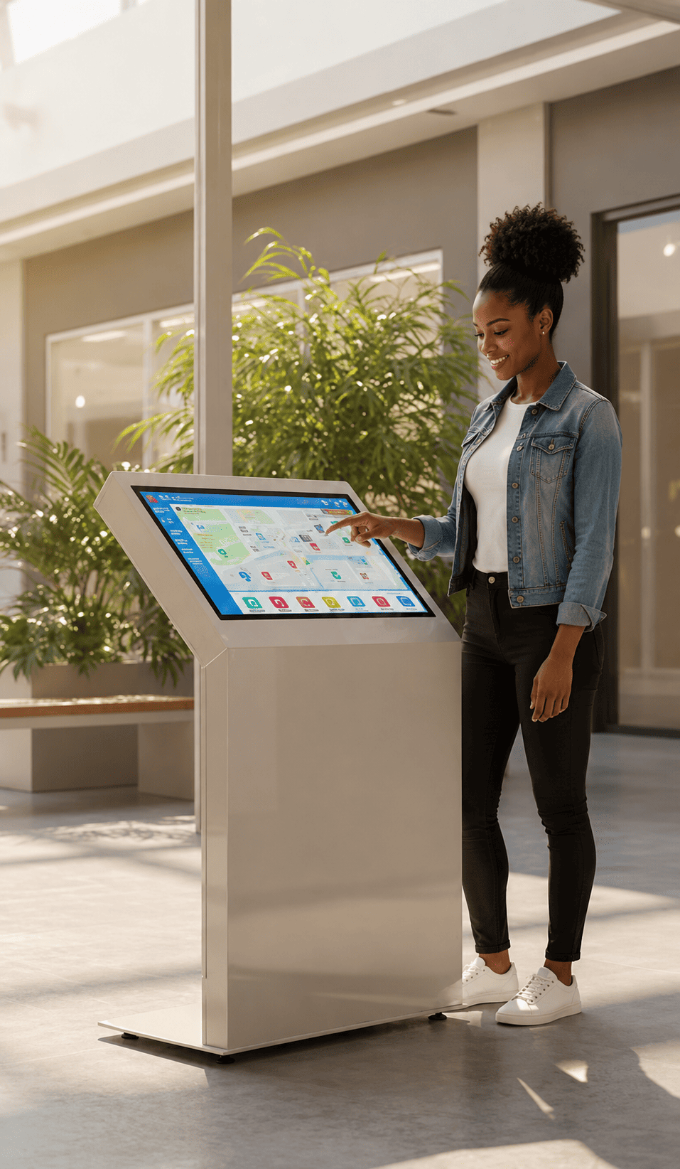 Borne tactile Karobase installée devant un commerce, utilisée par une cliente.